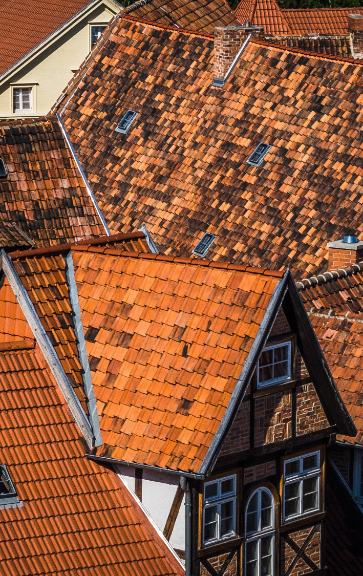 Dächer mit roten Ziegeln in einer historischen Stadtansicht.